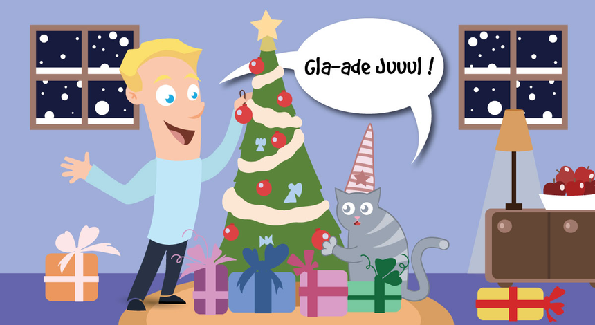 Tor pynter juletreet, og får hjelp av en katt med partyhatt. De synger Glade Jul.