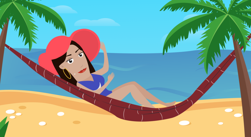 En dame soler seg i en hengekøye på en tropisk strand. Hun har på seg en stor rød solhatt og en lilla badedrakt. 